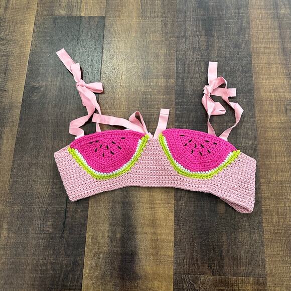Handmade Crochet Watermelon Bralette Top Pink Tie-Back Size Medium - Picture 1 of 8